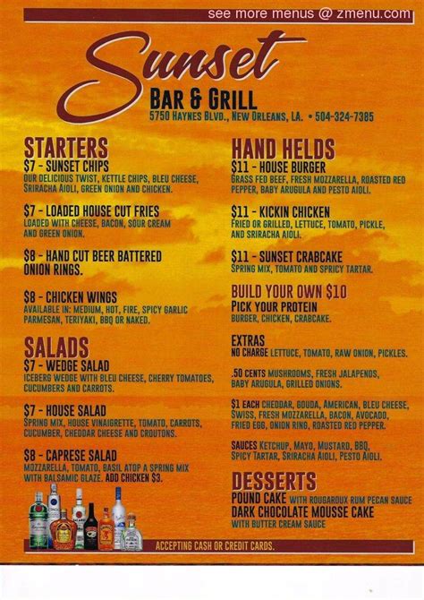 Menu at Sunset Grill pub & bar, New Orleans