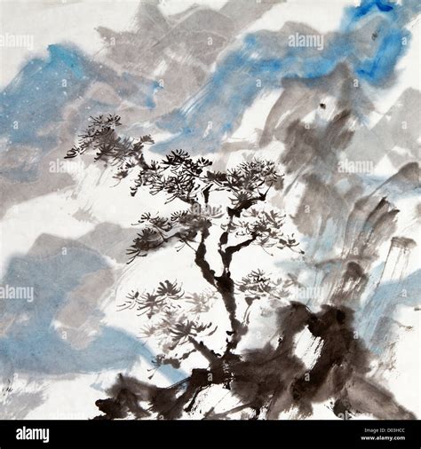 Chinese painting of traditional ink artwork of landscape with mountains ...