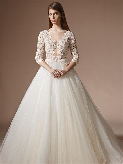 Papilio Lace bodice ball gown wedding dress with three-quarter sleeves