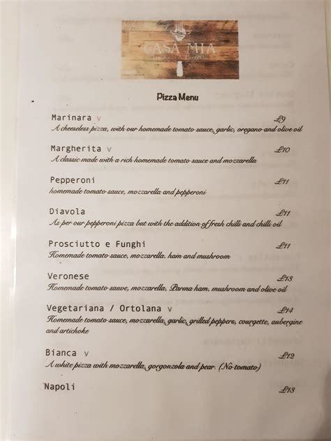 Menu at Casa Mia restaurant, Brundall