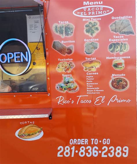 Menu at Rico’s Tacos el primo restaurant, Hitchcock, 7127 Hwy 6