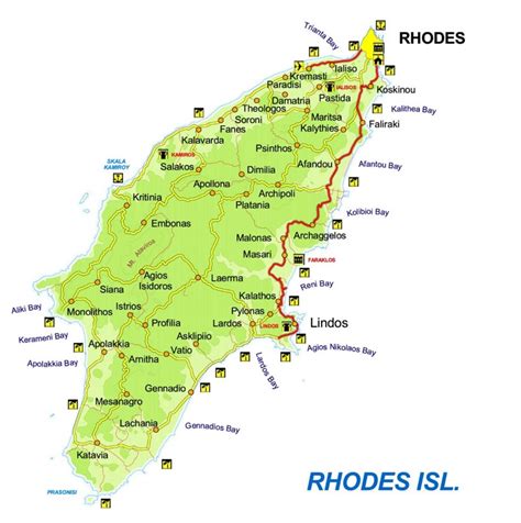 Map of Rhodes with cities and towns