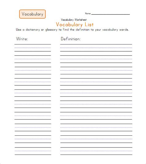 Printable Blank Vocabulary Worksheet Template