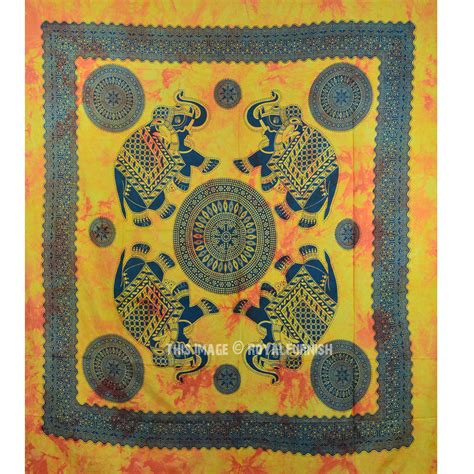 Yellow Multi Four Elephant Mandala Fringed Tapestry Bedding ...