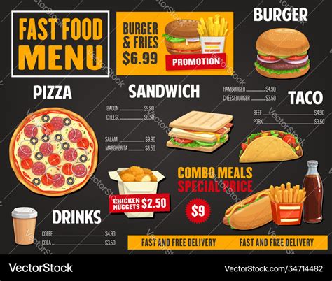 Fast food menu template takeaway dishes Royalty Free Vector