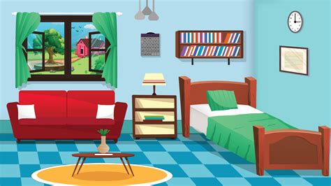 Room interior background illustration. Bedroom, Cartoon living room ...