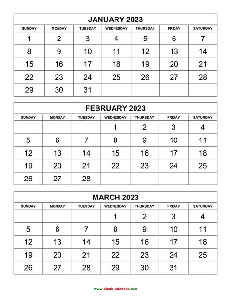 Free Download Printable Calendar 2023, 3 months per page, 4 pages ...