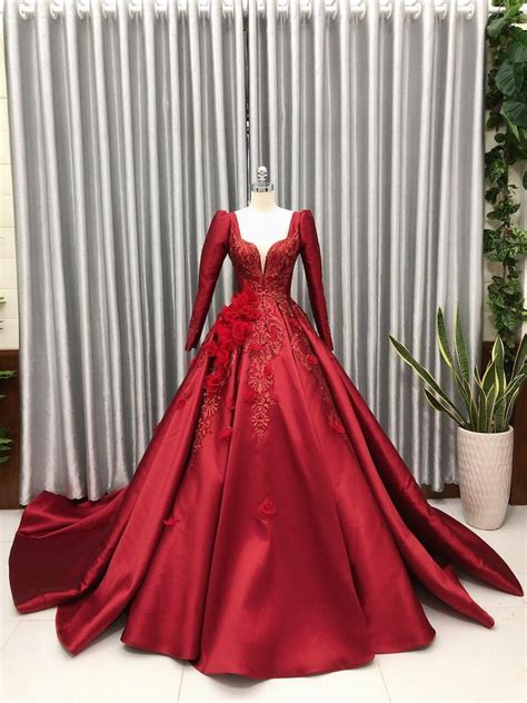 Extravagant red satin ball gown wedding/prom dress with red | Etsy