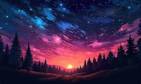 Premium AI Image | red sky at Sunset Anime summer landscape Starry sky ...