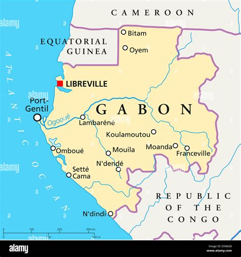 Gabon Political Map with capital Libreville, national borders, most ...