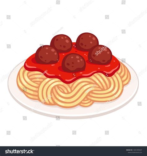 Cartoon plate of spaghetti with meatballs and tomato sauce. Classic ...