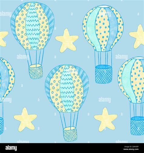 Watercolor hand drawn seamless pattern of blue boy baby shower fabric ...