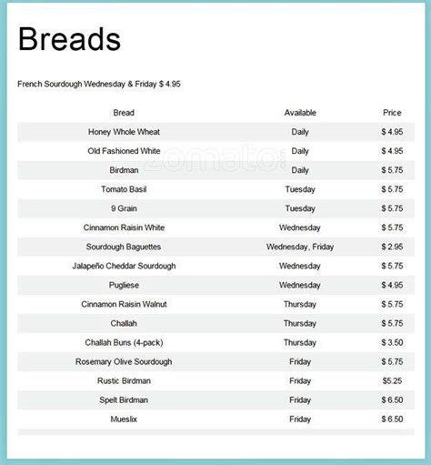 Menu at Broadway Daily Bread restaurant, San Antonio, De Zavala Rd