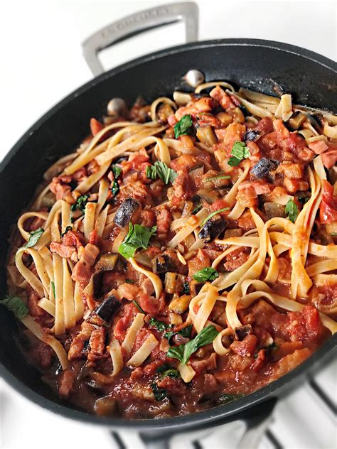 Linguine lardon -aubergine - Recette facile et rapide de Leslie en cuisine