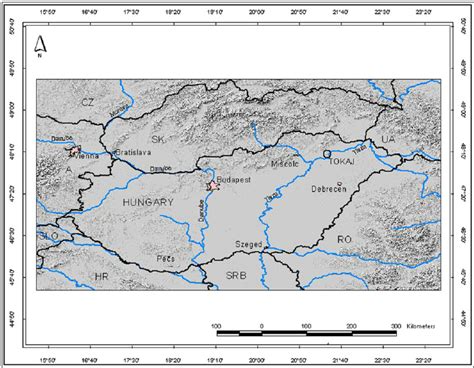 Map of Hungary showing borders, geomorphology, major rivers and cities ...