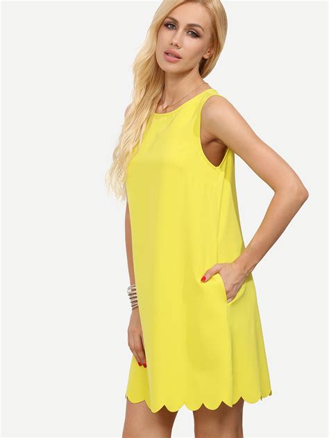 Yellow Sleeveless Scalloped Hem Shift Dress -SheIn(Sheinside)