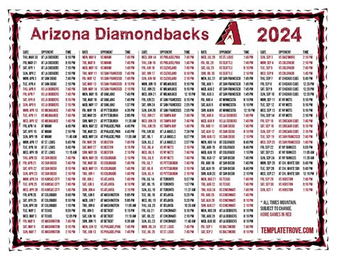 Printable 2024 Arizona Diamondbacks Schedule