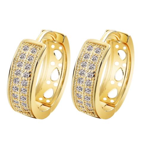 QIAMNI 24K Beautiful Cubic Zirconia Round Hoop Earrings Gold Filled ...