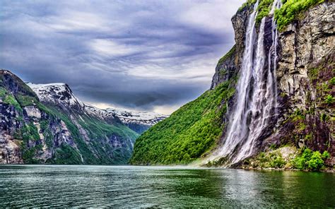 Download wallpapers Norway, 4k, fjord, waterfall, mountains, Europe ...