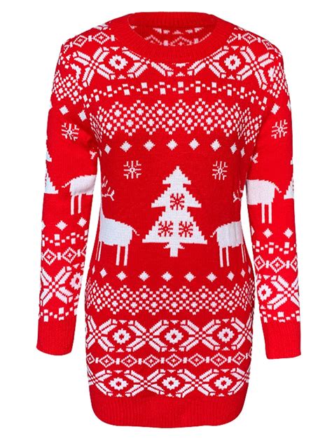 Women's Christmas Sweater Long Sleeve Reindeer Tree Snowflakes Patterns ...