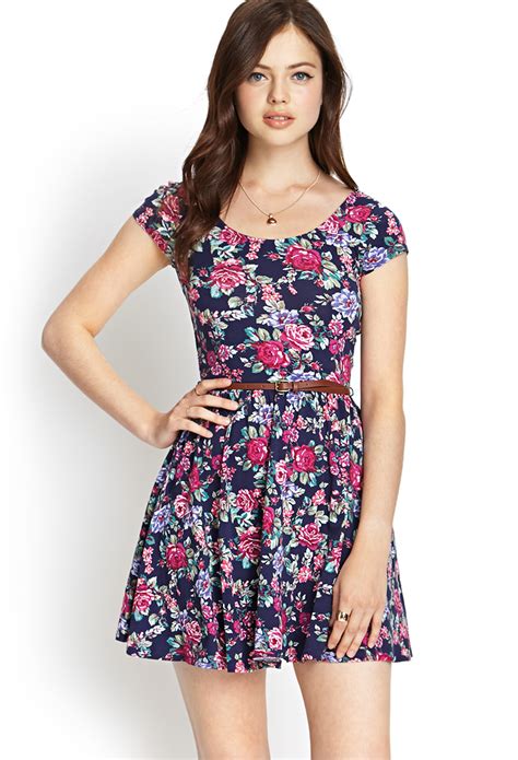 Forever 21 Belted Floral Skater Dress in Blue | Lyst