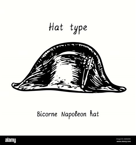 Hat type, Bicorne Napoleon hat. Ink black and white drawing outline ...