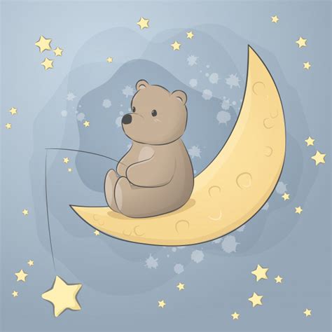 Premium Vector | Cute teddy bear sitting on moon cartoon doodle pastel ...