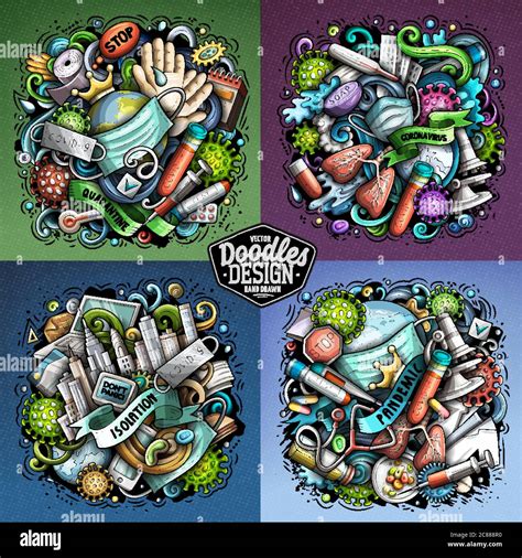 Epidemic cartoon vector doodle illustration. 4 composition set Stock ...