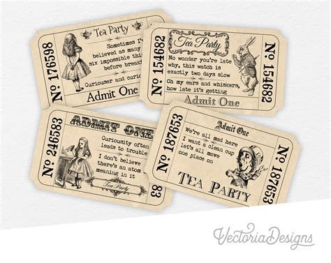 Alice In Wonderland Tickets, Printable Invitations, Party Supplies, Tea ...