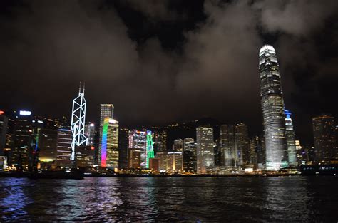 A boats view of the Hong Kong waterfront at night. Hong Kong, China ...