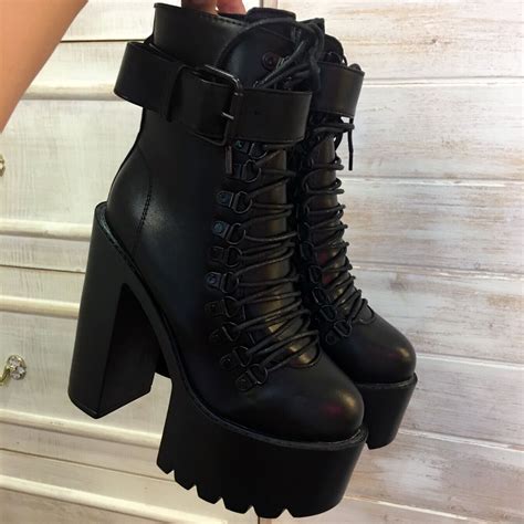 Black Square Heels Platform Boots Ankle Boots Female Lace Up Women ...