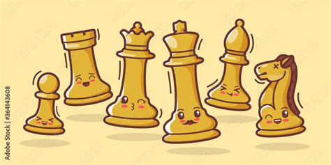 set of chess pieces cute cartoon illustration. strategy games, kawaii ...