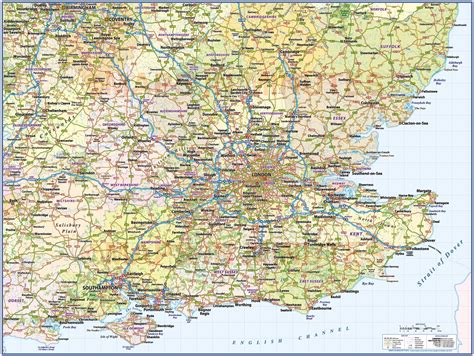 South East England 1st level County Wall Map with Roads and Rail ...