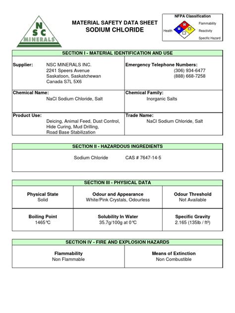 01 - MSDS Sodium Chloride 10 | PDF | Sodium Chloride | Materials