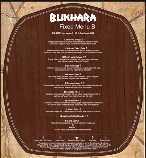 Menu at Bukhara, New Delhi, ITC MAURYA