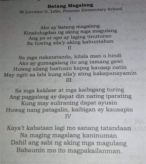 1. Ano Ang pamagat ng tula ? 2. ano ang magandang katangian ng isang ...