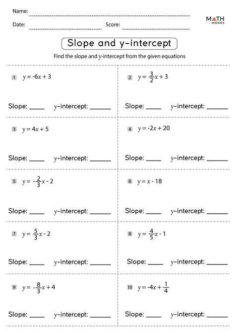 Slope Intercept Form Worksheets with Answer Key