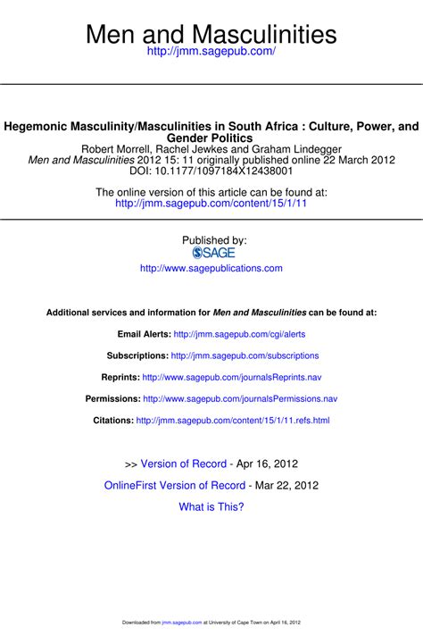 (PDF) Hegemonic Masculinity/Masculinities in South Africa: Culture ...