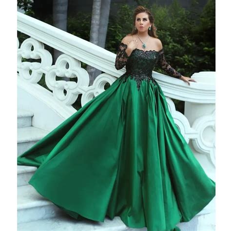 Emerald Green Formal Party Dresses Abiye With Shiny Black Lace Full ...