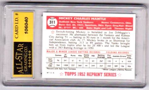 Graded 10 - MICKEY MANTLE 1952 Topps #311 Topps 1952 Reprint Series ...