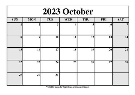 October 2023 Calendar Printable PDF Template