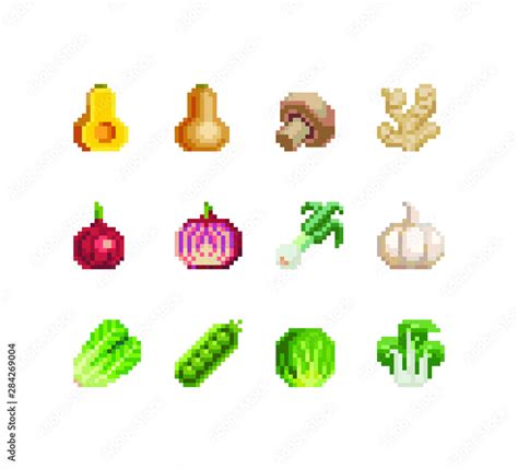 Vegetables 16x16 pixel art icons set, pear, mushroom, ginger, leek ...