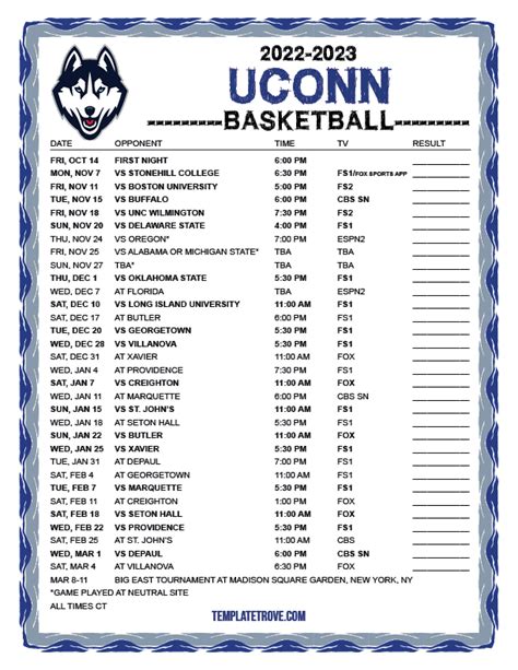 Printable 2022-2023 UConn Huskies Basketball Schedule