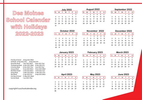 [DMS] Des Moines School Calendar with Holidays 2022-2023