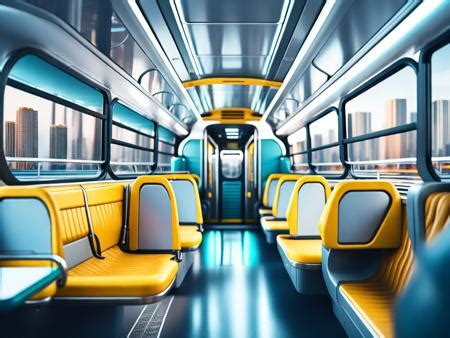 The interior of a bus with yellow and blue seats Image & Design ID ...