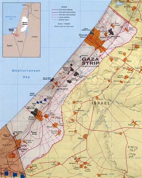 Large detailed political map of Gaza Strip with relief, roads ...