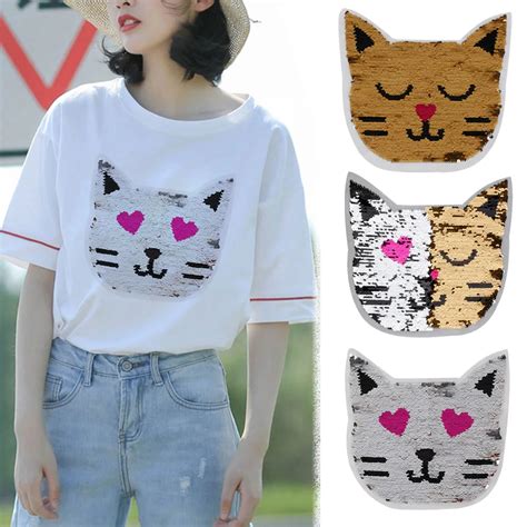 2017 Cat Reversible Color Changing Sequins Sewing on Patch Clothes DIY ...