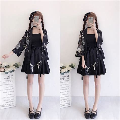 Girls Black Japanese Style Clothing Set Woman Fashion Spring Kimono ...