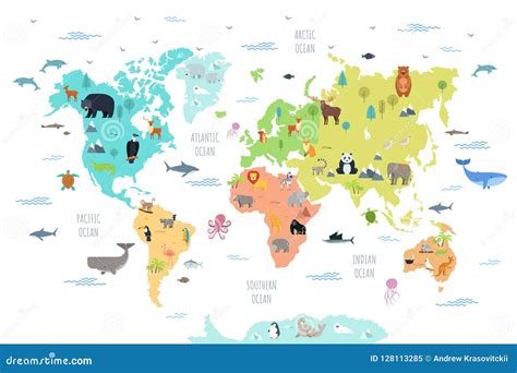 World Map with Wild Animals Living on Various Continents and in Oceans ...