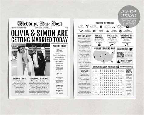 Newspaper Wedding Program Template Editable Wedding - Etsy UK ...